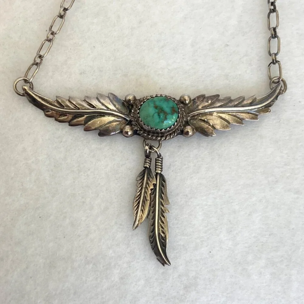 VTG Sterling Silver 925 H. Spencer Navajo Turquoise Leaf Feather Necklace 20.5
